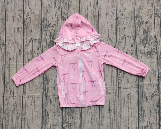 ( No moq ) Girls Kids Bows Pockets Zipper Plaid Hoodie Pink Coat Tops