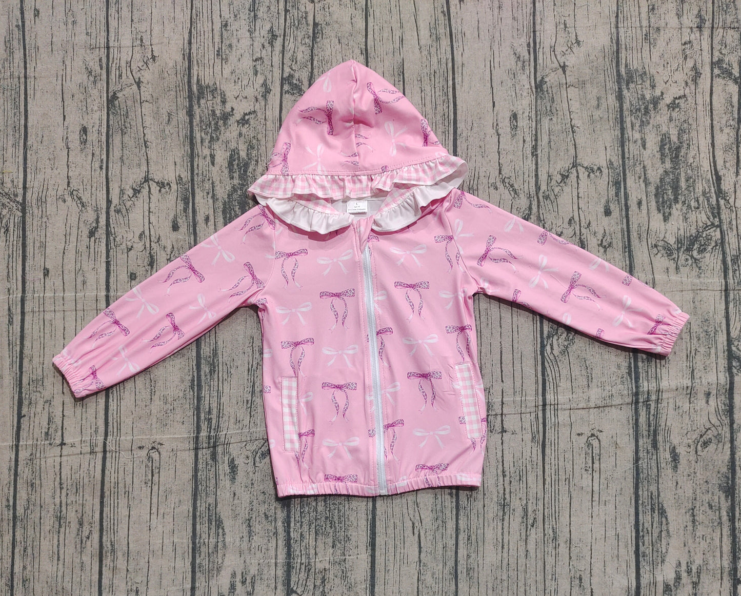 Baby Girls Kids Bows Pockets Zipper Plaid Hoodie Pink Coat Tops RTS