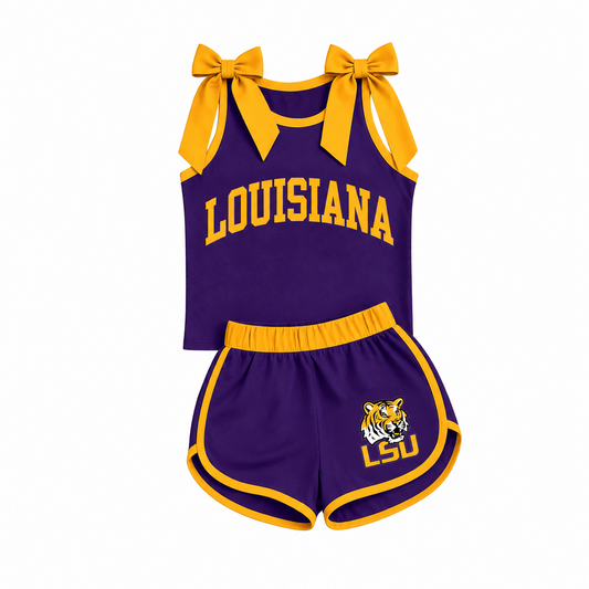 ( Moq 5 ) Preorder Baby Girls Kids Sleeveless Bows Shirt Tiger Shorts Purple Set Team Clothes