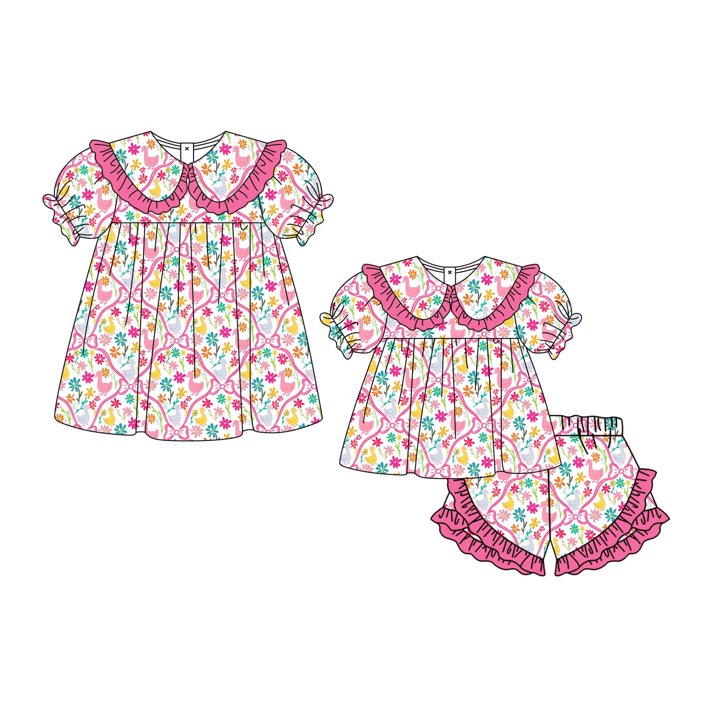 ( Moq 5 Each Style ) Baby Girls Kids Flower Goose Bows Short Sleeves Sibling Summer Dress Set