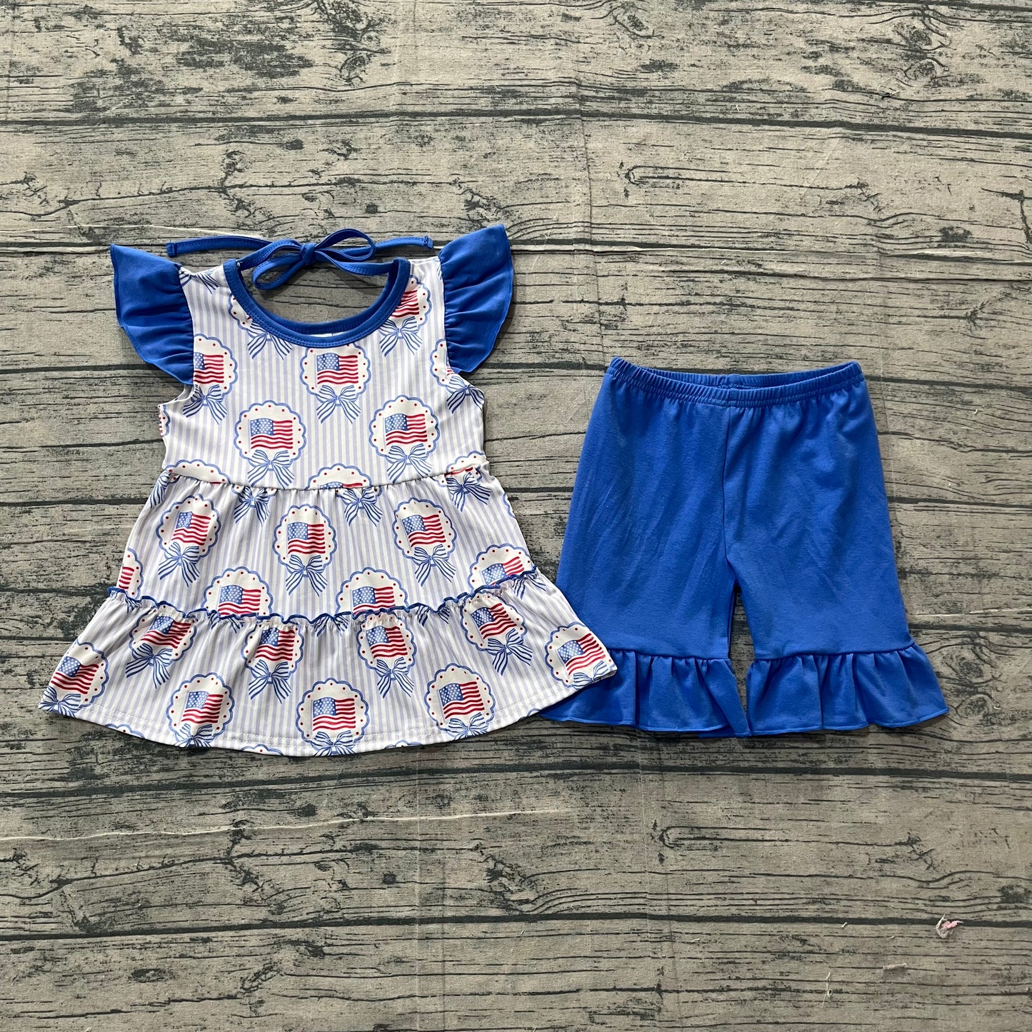 Baby Girls Kids Short Sleeves Bows Tops Blue Shorts 4th of July Set RTS