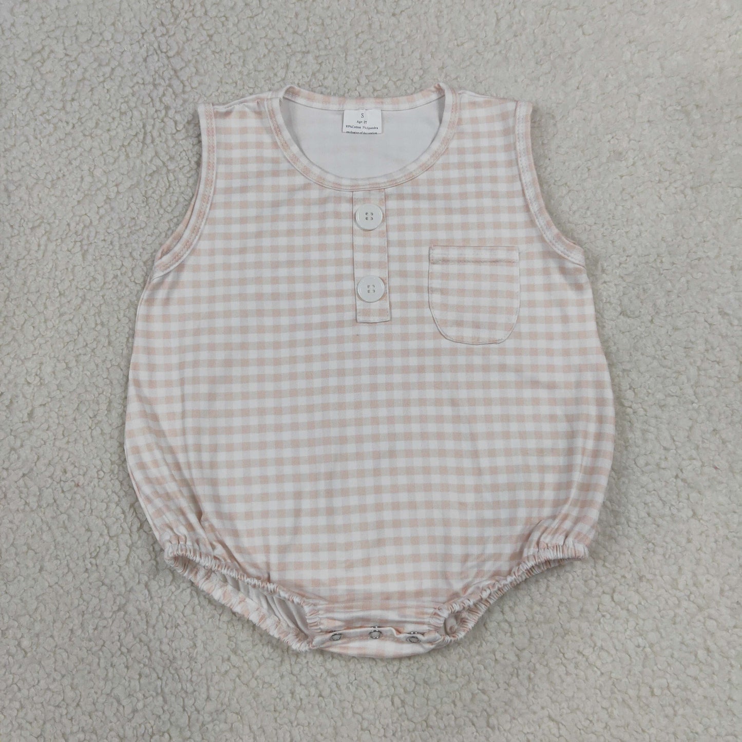 Baby Boy Infant Sleeveless Khaki Plaid Pocket Summer Bubble Romper RTS