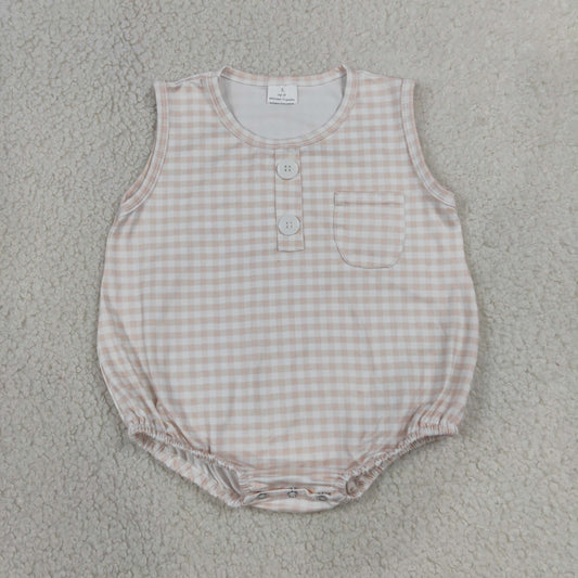 Baby Boy Infant Sleeveless Khaki Plaid Pocket Summer Bubble Romper RTS