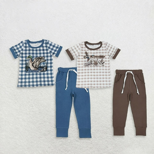 Sibling Baby Boys Short Sleeves Ducks Plaid Shirts Pockets Pants Sets Clothes RTS