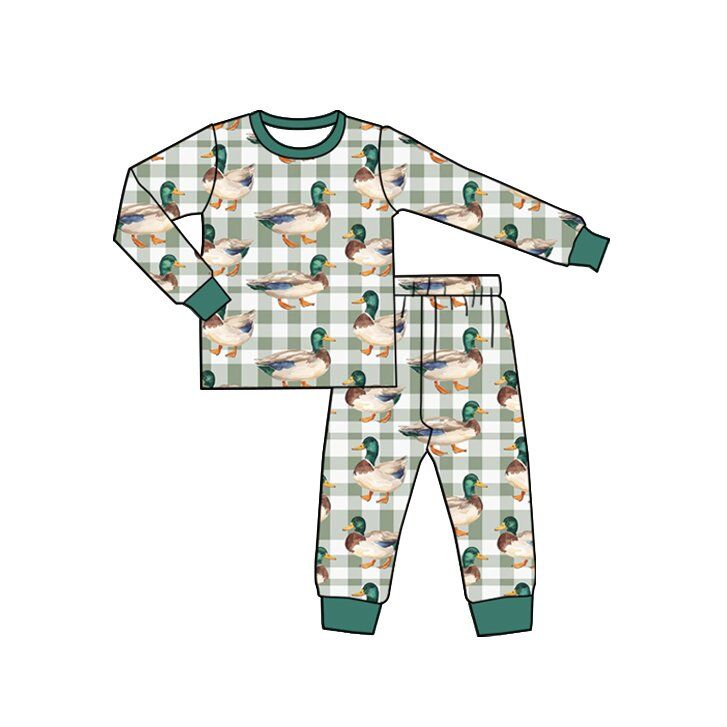 ( Moq 5 ) Preorder Baby Boys Kids Long Sleeves Ducks Plaid Shirt Pants Pajamas Set Clothes
