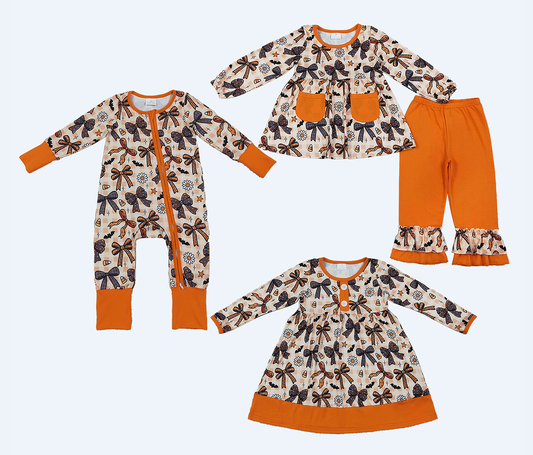 Sibling Girls Kids Long Sleeves Halloween Bows Flower Romper Dress Set Fall Clothes RTS