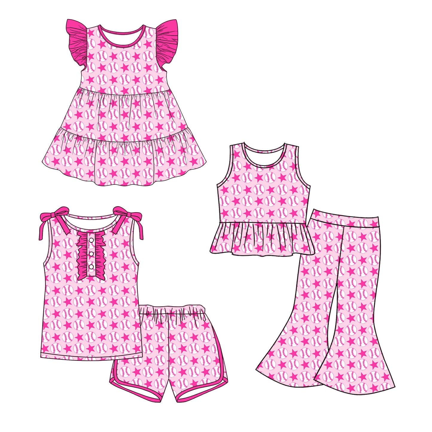 ( Moq 5 Each Style ) Sibling Baby Girls Toddler Baseball Stars Pink Dress Sets