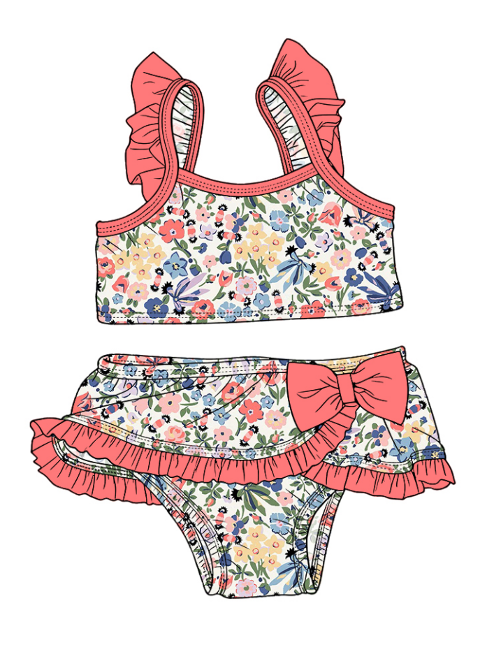 ( Moq 5 Each Style ) Sibling Baby Girls Kids Floral Tops Ruffle Shorts Bows Sets Summer Swimsuits