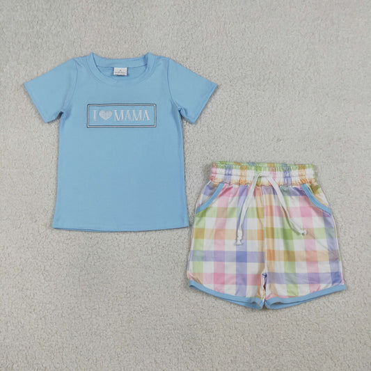 Baby Boys Kids Embroidery I Love Mama Blue Shirt Pockets Plaid Shorts Clothes Set