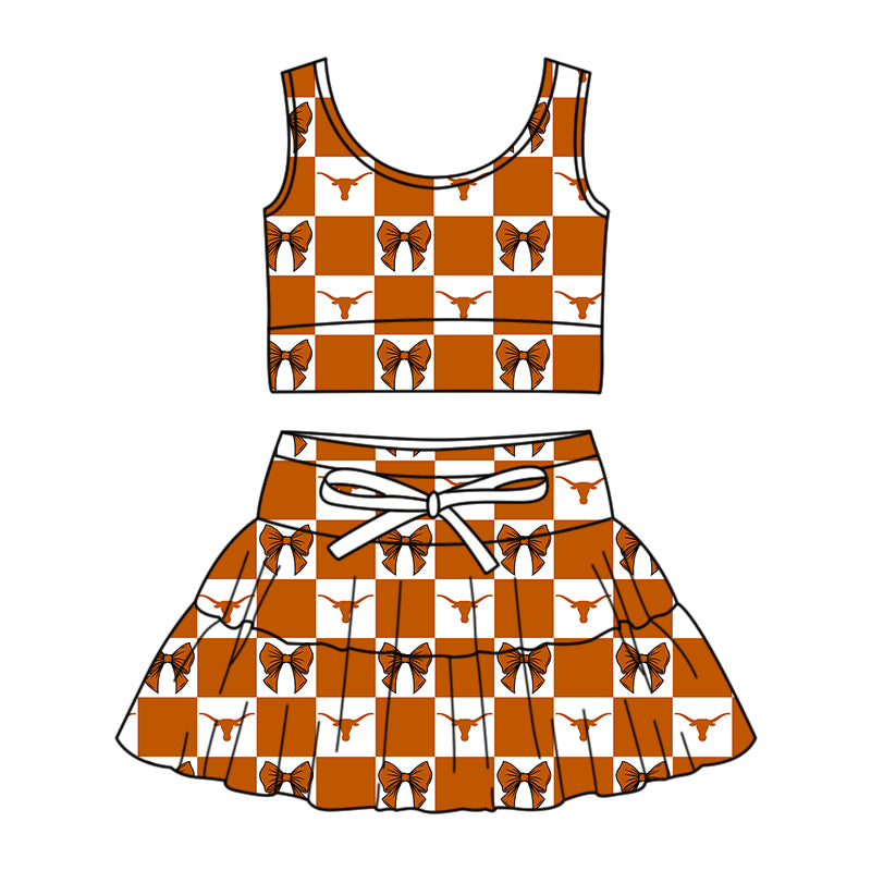 ( Moq 5 ) Baby Girls Kids Cow Bows Checked Tops Shorts Skirt Team Set