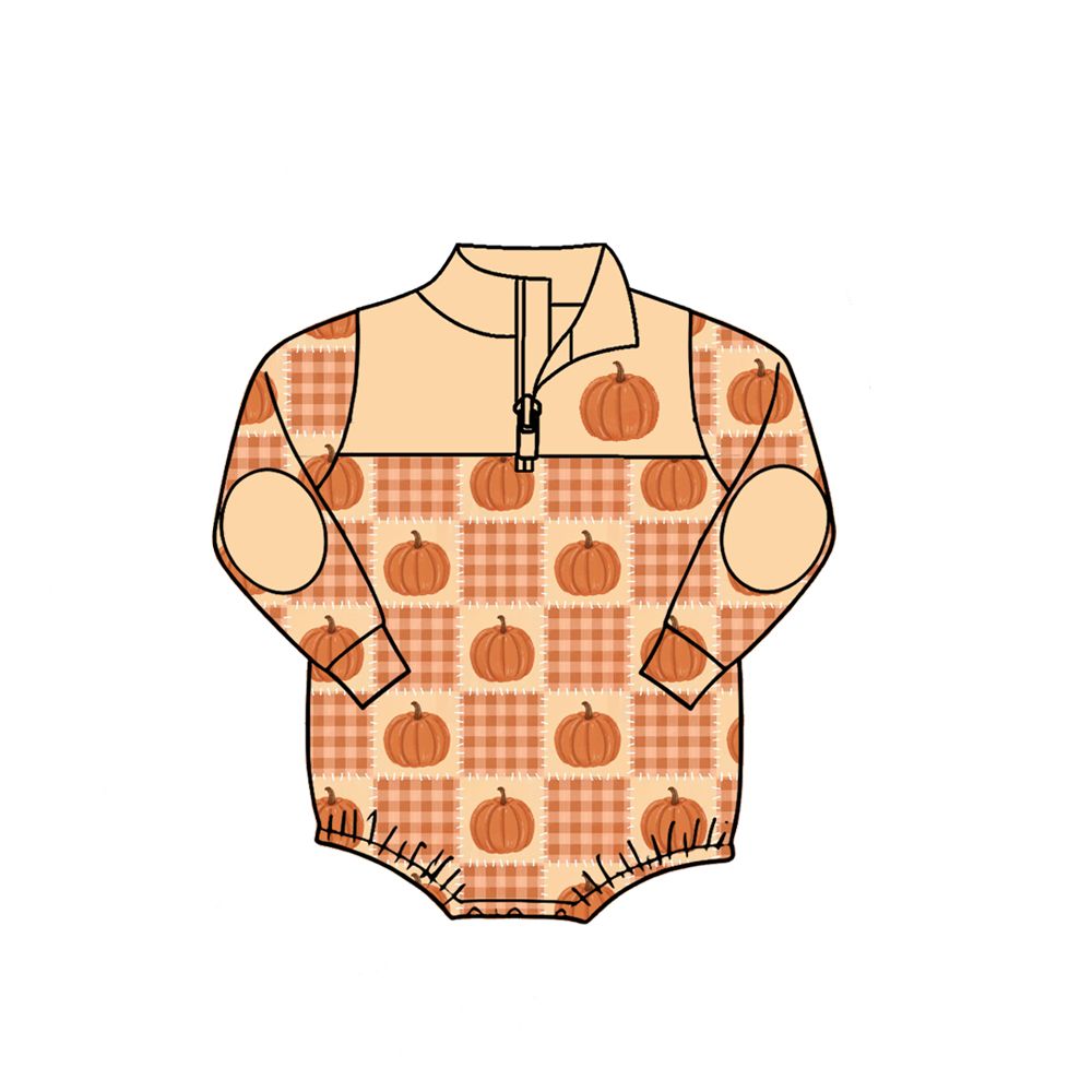 ( Moq 5 ) Preorder Baby Boys Kids Pumpkins Orange Plaid Zipper Bubble Romper Fall Clothes