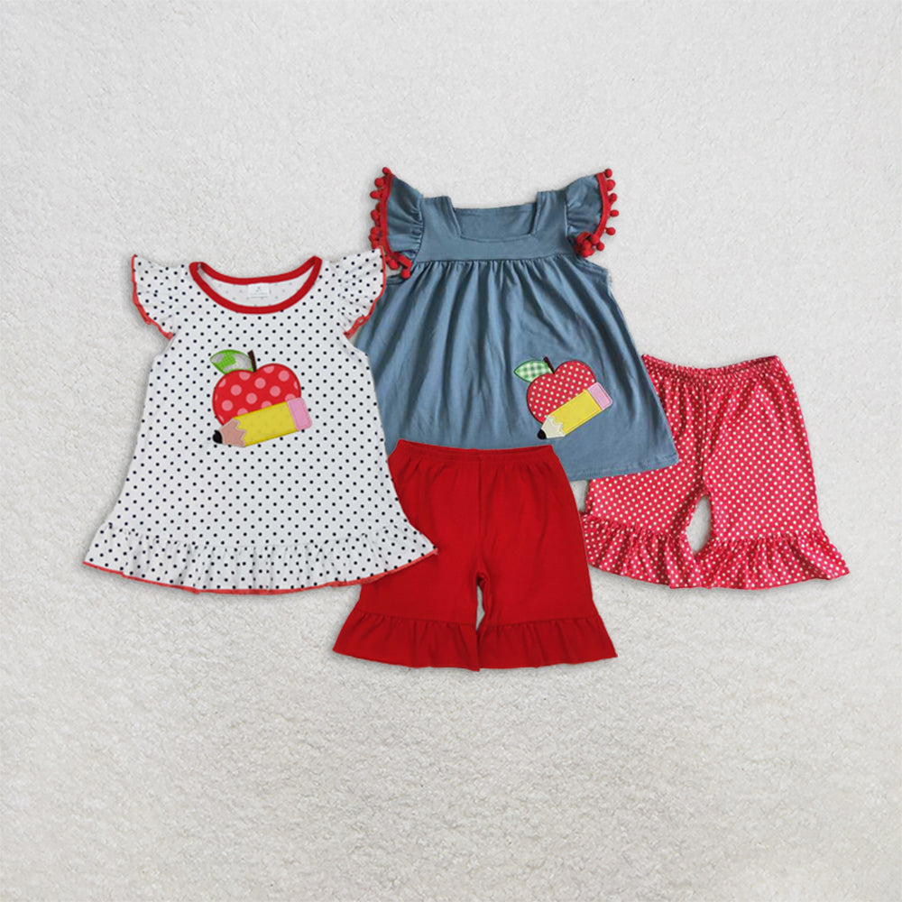 Baby Girl Toddler Short Sleeves Embroidery Apple Sibling Back To School Set RTS