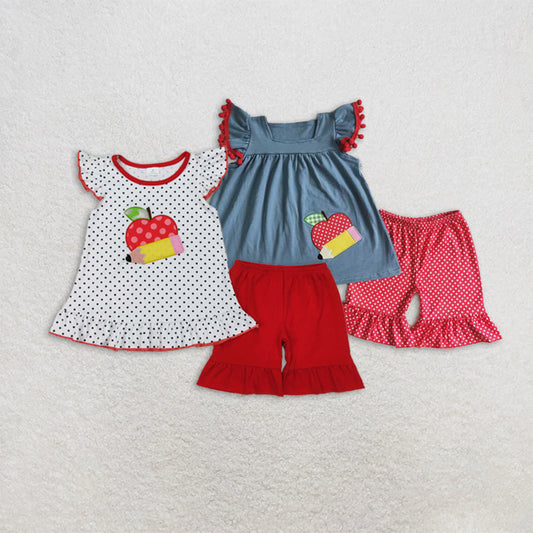 Baby Girl Toddler Short Sleeves Embroidery Apple Sibling Back To School Set RTS