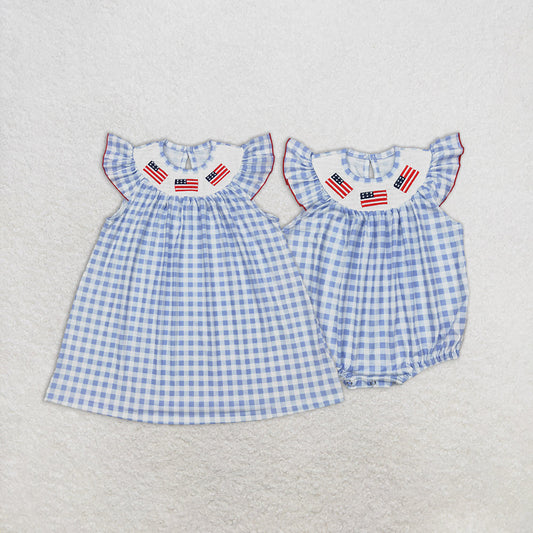 Baby Girl Embroidery Flags 4th Of July Blue Checked Sibling Smocked Romper Dress RTS