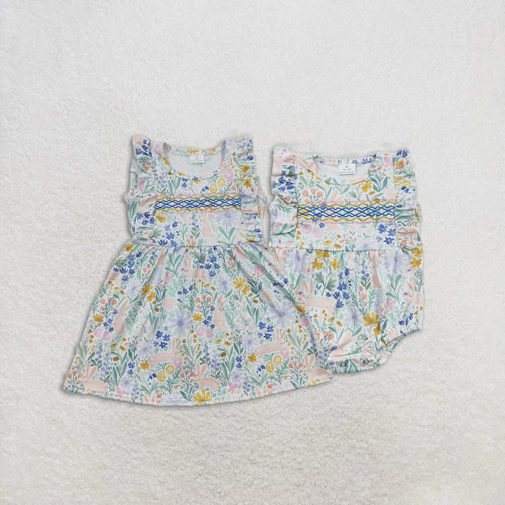 Baby Girl Short Sleeves Embroidery Flower Rabbits Sibling Easter Dress Romper RTS