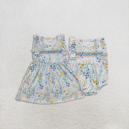 Baby Girl Short Sleeves Embroidery Flower Rabbits Sibling Easter Dress Romper RTS
