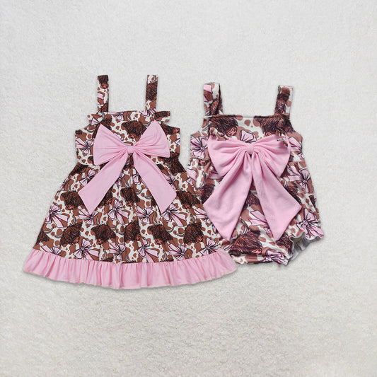 Baby Girl Straps Western Cow Pink Bows Sibling Dress Romper Clothes RTS