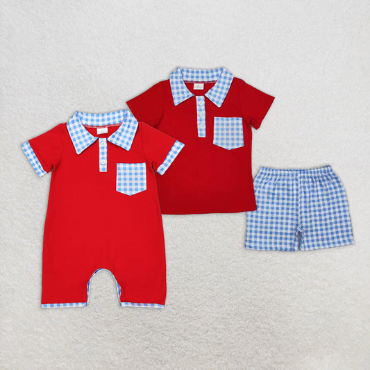 Baby Boy Short Sleeves Blue Plaid Pocket Sibling Red July 4th Romper Set RTS
