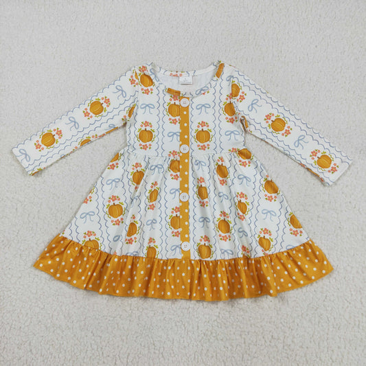 Baby Girl Long Sleeves Pumpkins Bows Floral Button Ruffle Knee Fall Dress RTS