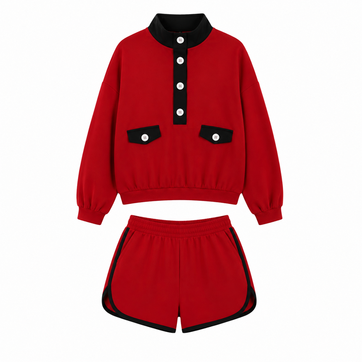 ( Moq 5 ) Preorder Adult Women Long Sleeves Pockets Buttons Shirt Cotton Shorts Red Set