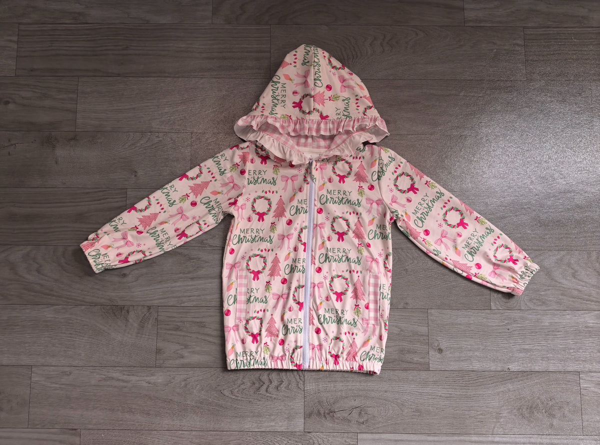 ( No moq ) Preorder Baby Girl Kids Christmas Tree Bows Pockets Zipper Hoodie Jacket Coat Pink Tops