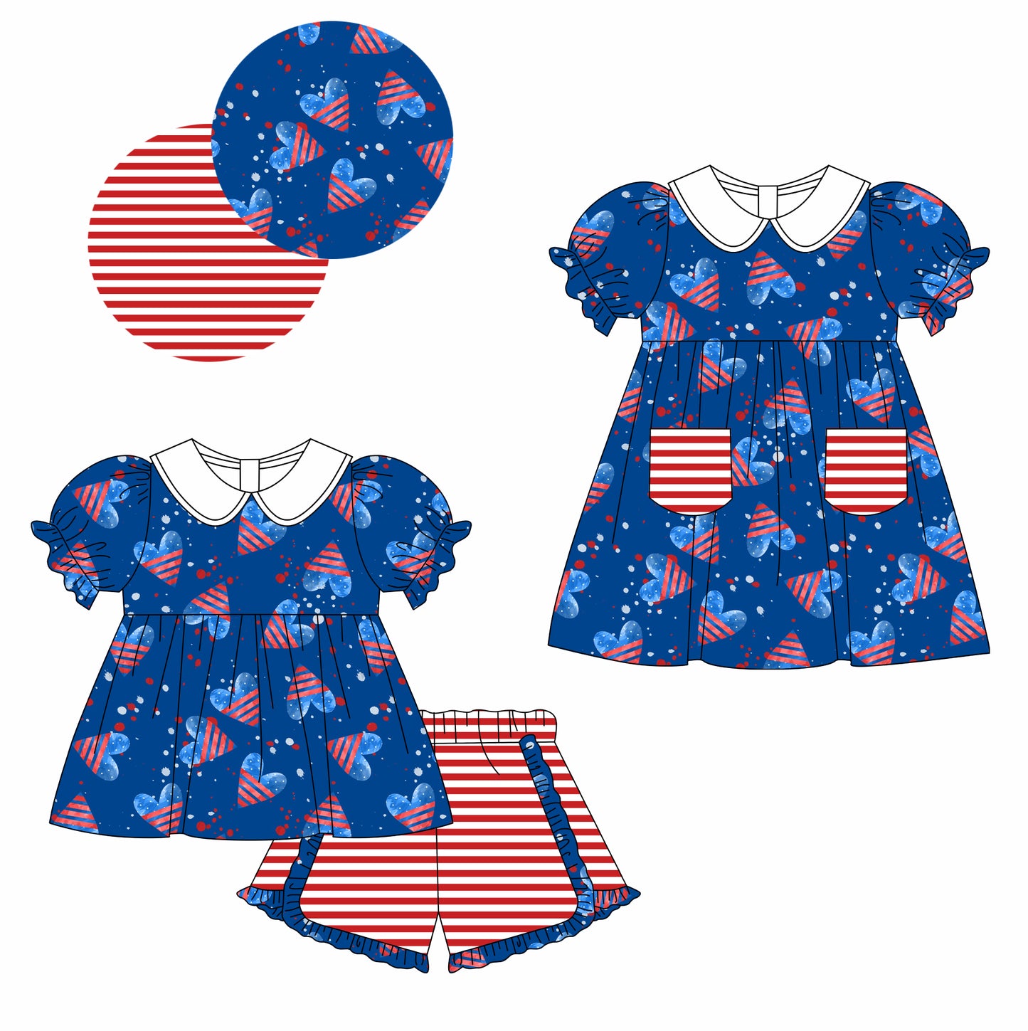 Baby Girl Short Sleeves July 4th Hearts Sibling Dress Clothes Set ( Moq 5 Each Design )11.26