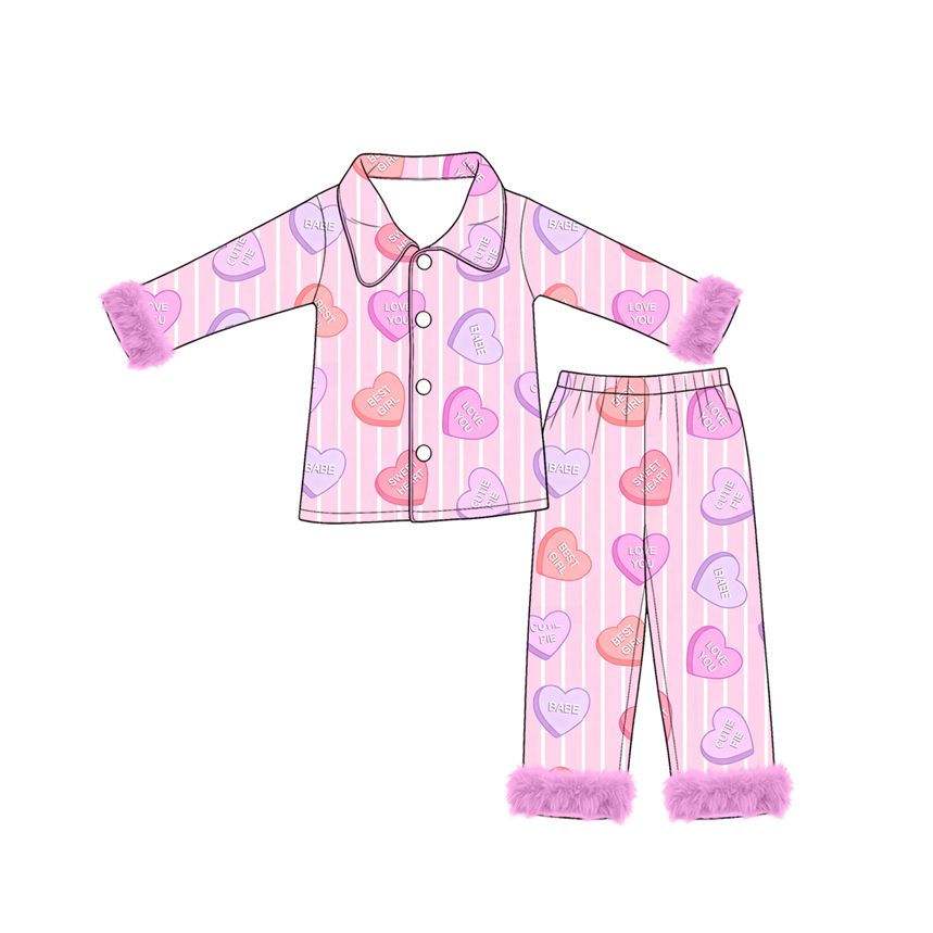 ( Moq 5 ) Preorder Baby Girls Kids Valentine Hearts Stripes Buttons Shirt Fur Pants Pajamas Set Clothes