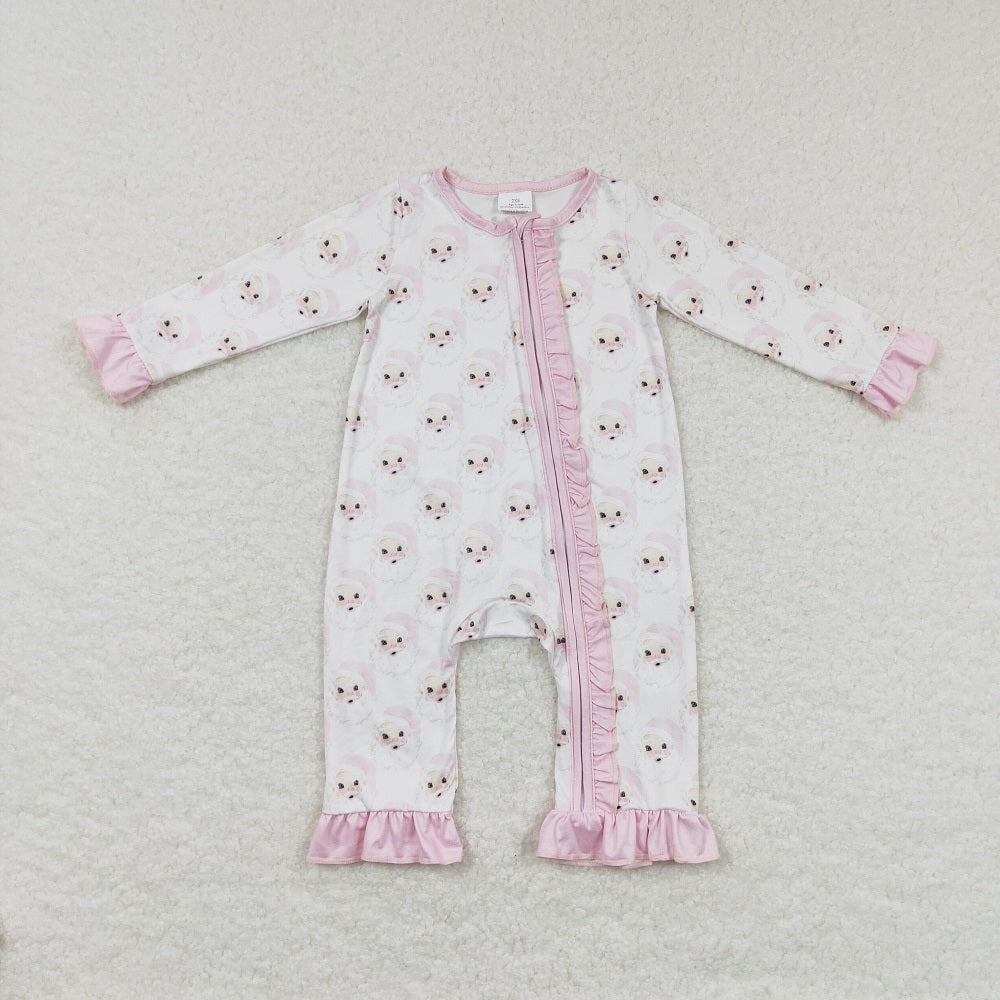 LR0584 Baby Girl Christmas Santa Long Sleeves Pink One Piece Romper