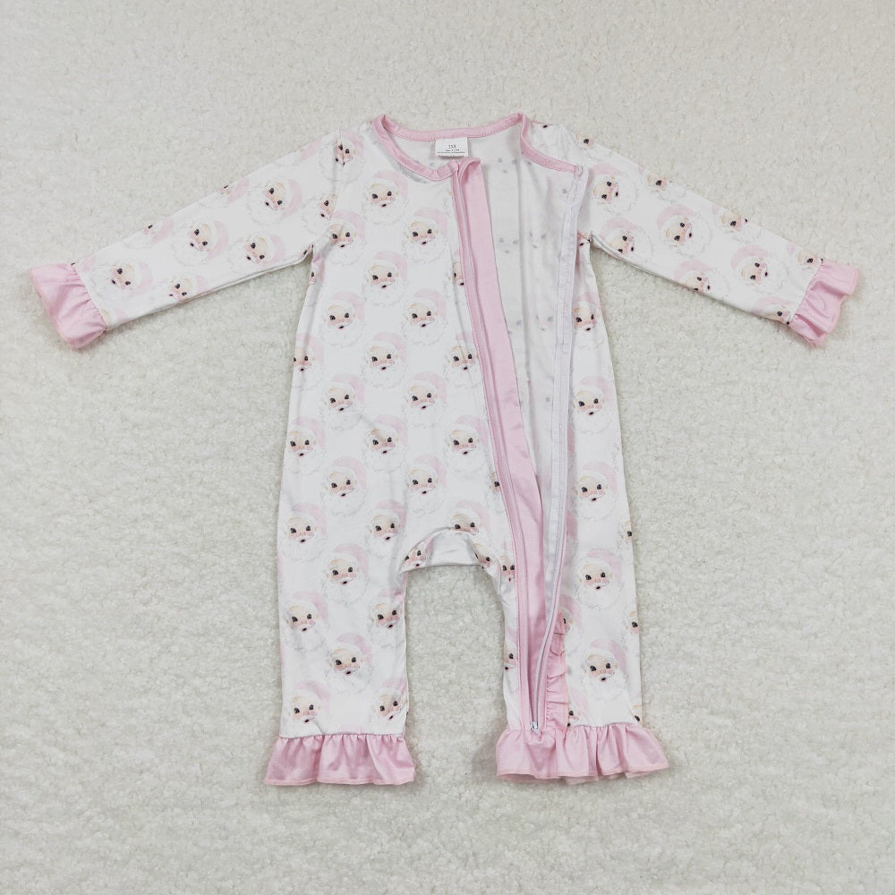 LR0584 Baby Girl Christmas Santa Long Sleeves Pink One Piece Romper