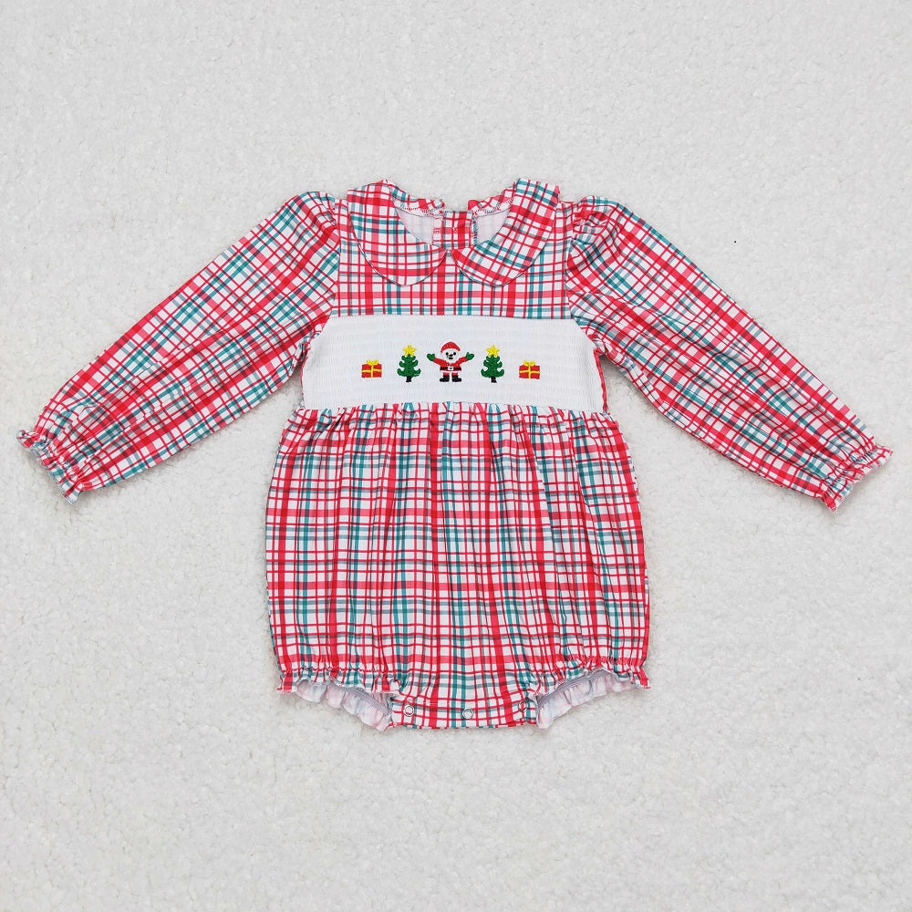 LR0571 Baby Girl Christmas Santa Long Sleeves Plaid Smocked Embroidery One Piece Romper