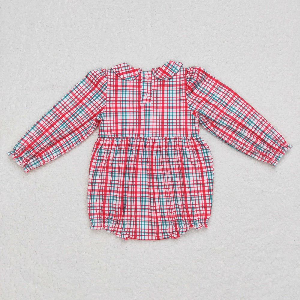 LR0571 Baby Girl Christmas Santa Long Sleeves Plaid Smocked Embroidery One Piece Romper
