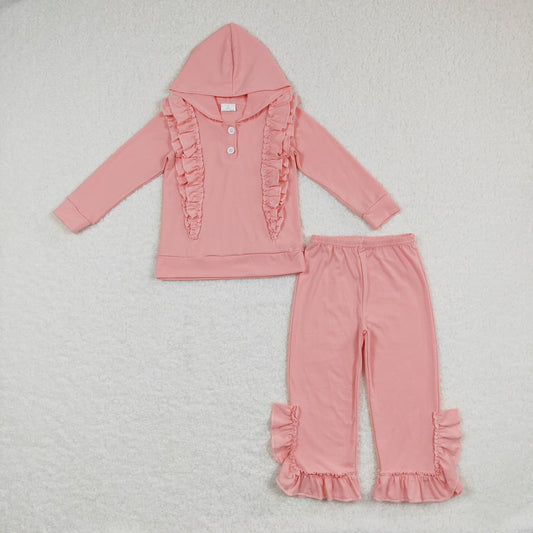 GLP0894 Baby Girl Pink Long Sleeves Cotton Hoodie Ruffle Shirt Pants Outfit