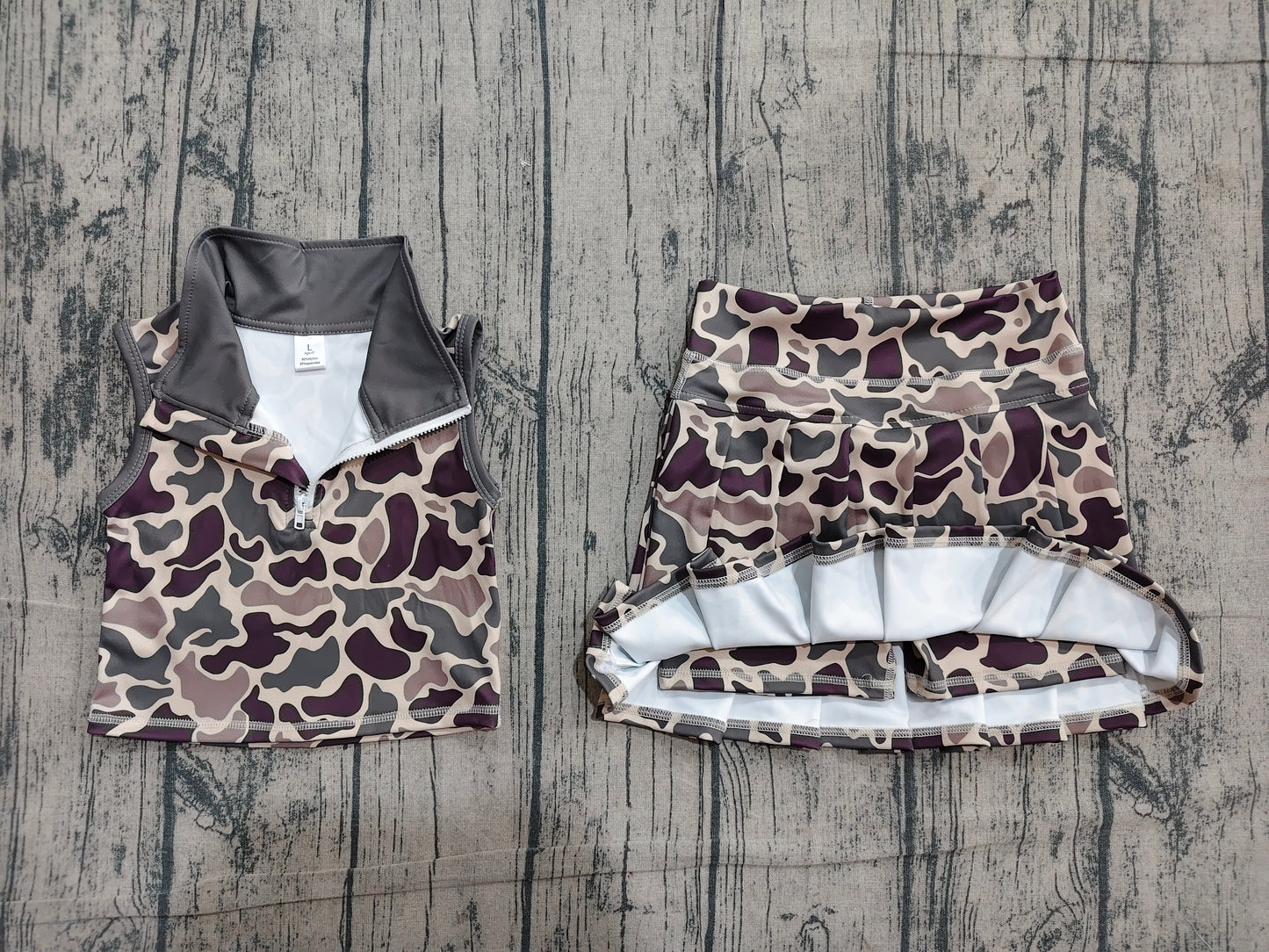 ( No moq ) Preorder Baby Girls Kids Sleeveless Zipper Camo Tops Skirt Shorts Yoga Set Clothes