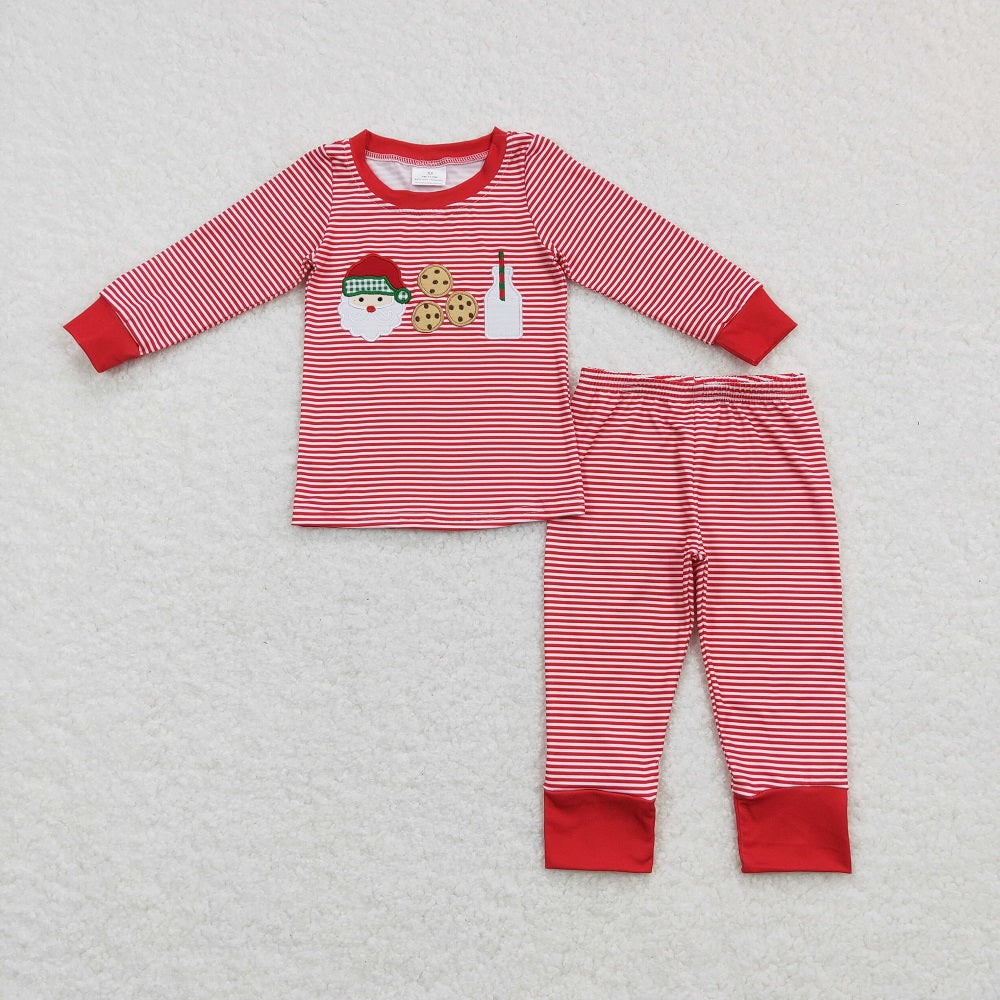 BT0370 Baby Boy Christmas Embroidery Long Sleeves Santa Cookie Red Stripes Shirt