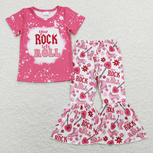 GSPO1146 Baby Girl Pink Shirts Music Guitar Floral Bell Pants Set