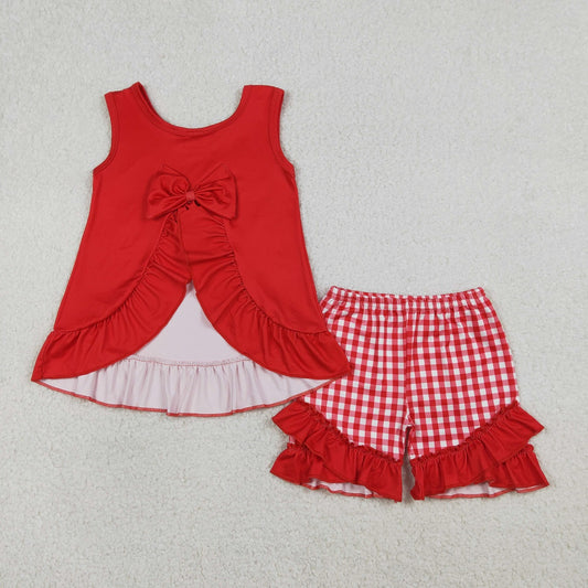 Baby Girls Kids Red Tops Plaid Ruffle Shorts Clothes Set RTS