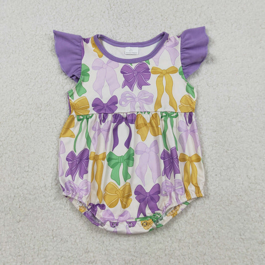 Baby Girls Infant Short Sleeves Bows Mardi Gras Bubble Romper RTS