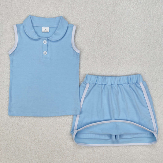 Baby Girl Blue Pullover Buttons Shirt Shorts Skirt Skort Clothes Sports Set RTS