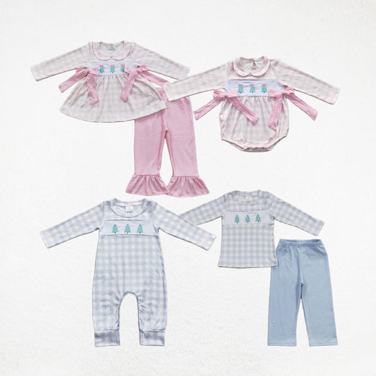 Sibling Boys Girls Long Sleeves Christmas Tree Embroidery Romper Set Clothes RTS