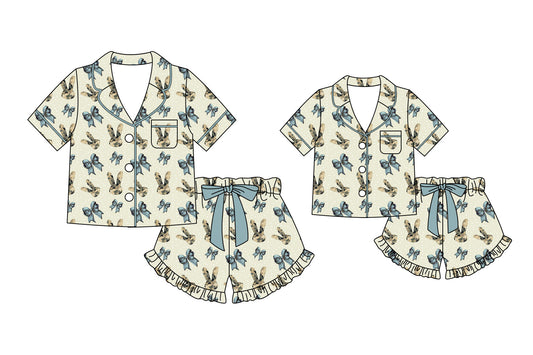 ( Moq 5 Each Style ) Baby Girl Adult Women Rabbits Green Bows Easter Shirts Shorts Sibling Mommy And Me Family Sets