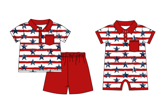 Baby Boy Short Sleeves July 4th Stars Stripes Sibling Romper Clothes Set ( Moq 5 Each Design )11.26