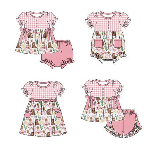 Baby Girl Short Sleeves Western Boots Cactus Sibling Romper Dress Clothes Set ( Moq 5 Each Design )11.26