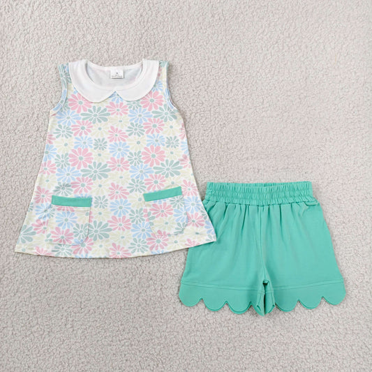 Baby Girls Kids Sleeveless Flower Pockets Tops Green Scallop Shorts Set Clothes RTS