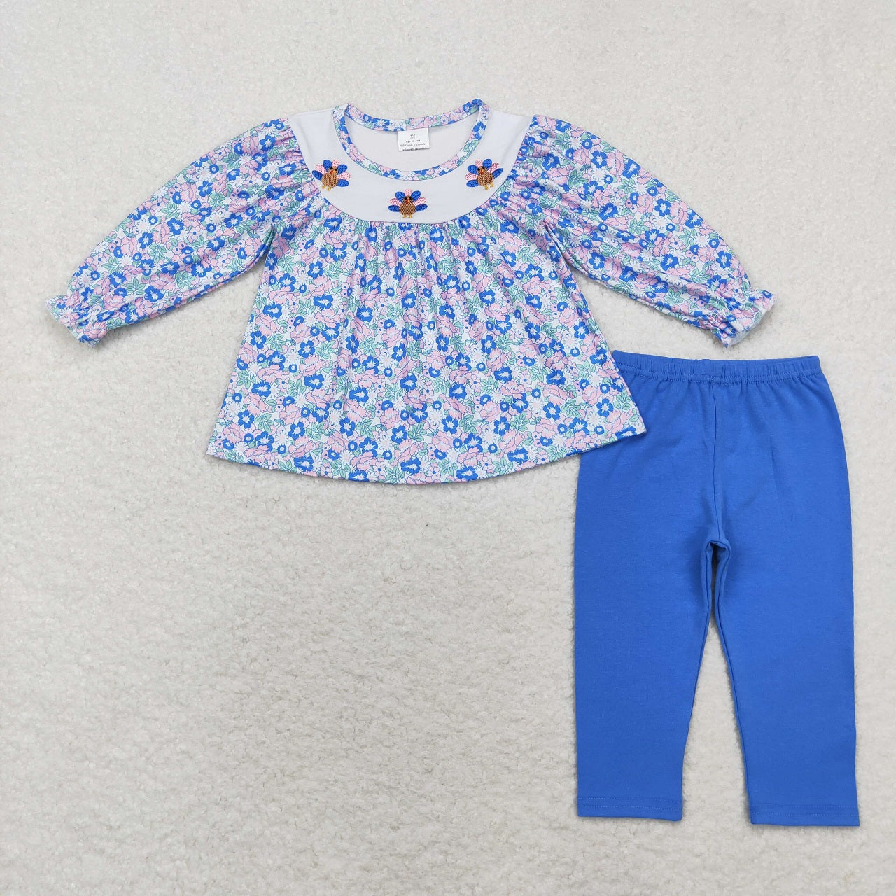 Sibling Girls Toddler Embroidery turkey Tunic Pants Thanksgiving Fall Set Clothes RTS