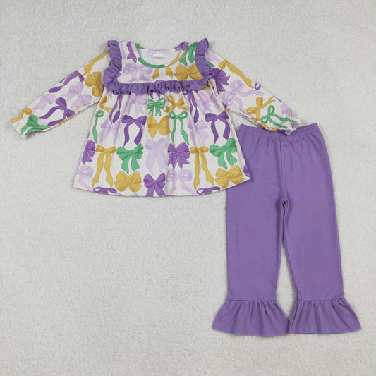 Girls Kids Long Sleeves Bows Ruffle Tunic Purple Pants Mardi Gras Clothes Set RTS