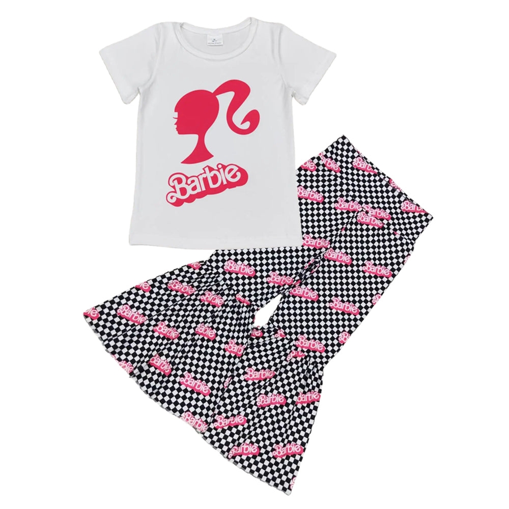 GLP0817 Baby Girl Short Sleeves Checkered Doll Bell Pants Outfit