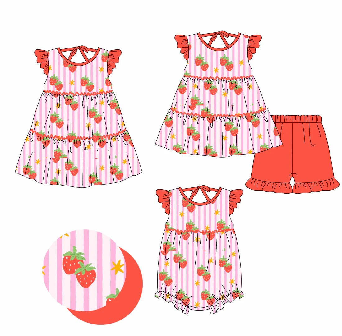 ( Moq 5 Each Style ) Baby Girls Kids Short Sleeves Strawberry Stripes Sibling Summer Romper Dress Set