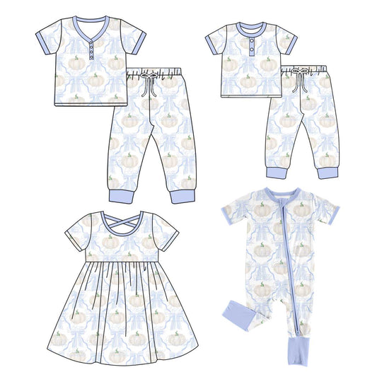 ( Moq 5 Each Style ) Baby Girl Adult Women Pumpkin Blue Bows Sibling Mommy And Me Family Set Dress Set 4.26