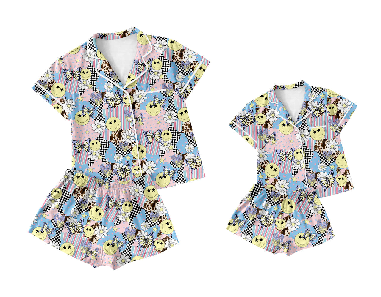 Baby Girl Toddler Adult Women Short Sleeves Smile Flower Sibling Family Pajamas Set ( Moq 5 Each Style ) 12.28