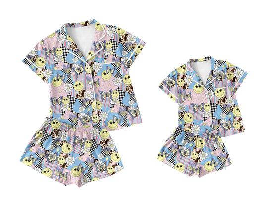 Baby Girl Toddler Adult Women Short Sleeves Smile Flower Sibling Family Pajamas Set ( Moq 5 Each Style ) 12.28